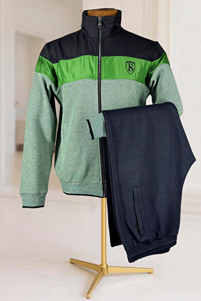 BESSA Green Mock Neck Tracksuit Set Parachute Fabric Detailed Zippered Pocket Straight Leg Men's
