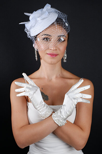 Hayalperest boncuk Puantiyeli Fileli Gelin Nikah Kep Aksesuarı ve İncili Saten Düğün Eldiven Seti