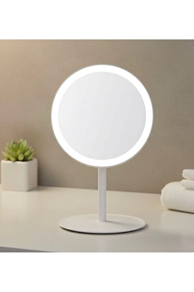 Noor Modern round mirror with LED lighting and a touch-operated base, white color, 17*17*29