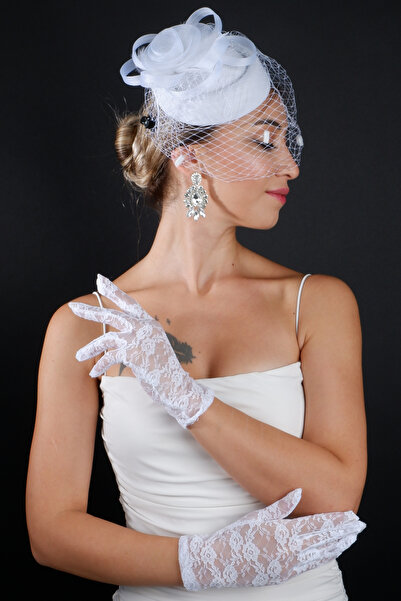 Limelia Beyaz Puantiye Detaylı Gelin Nikah Kep ve Kısa Stil Dantel Parmaklı Düğün Eldiven Seti