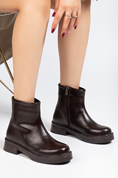 Budi 02-3033 Brown Wrinkled Patent Leather Zippered Daily Women's Boots