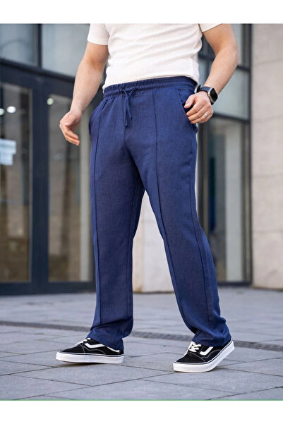 DoğruFashion Men's Linen Pocketed Stitched Jogger Buggy Pants Comfortable Fit - Navy Blue
