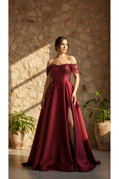 SEDABULBULTASARİM Bordo Straplez Düşük Kol Detaylı Yırtmaçlı Dantelli Kına Ab...