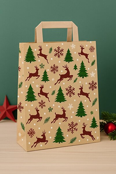 Dekals 5 Adet Büyük Boy Kraft Poşet Yılbaşı Desenli Flat Saplı Kraft Çanta