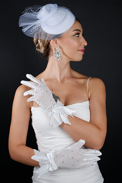 ESPEREST Feather Detailed Bridal Wedding Cap Accessory and Bowknot Stone Wedd...