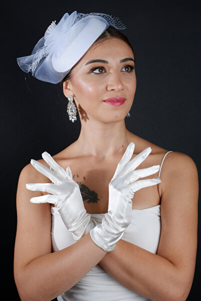 Limelia طقم إكسسوار قبعة زفاف شبكية مزينة باللؤلؤ وقفازات قصيرة من الساتان