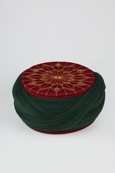Sarıkhane Talebe Sarığı - Yeşil Kumaş - Bordo Takke - Çapraz Sarım - Kuş Gözü - 7 metre