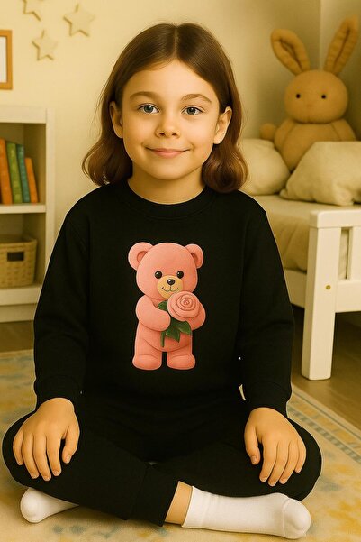 playwear Παιδικό Βαμβακερό Σετ Φούτερ με στάμπα ΡΟΖ ΑΡΚΟΥΔΑΚΙ, για ΗΛΙΚΙΕΣ 3-...