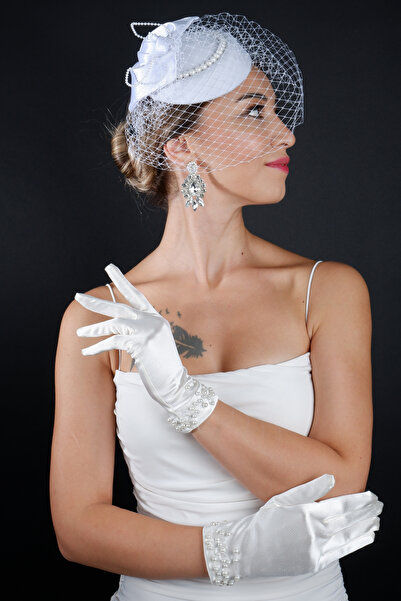 Limelia قفازات من الساتان بتفاصيل لؤلؤية، طقم إكسسوارات زفاف للعروس