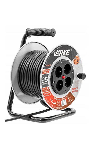 VERKE Black cable extension roll, with metal frame, 25 meters 3 x 1.5 mm