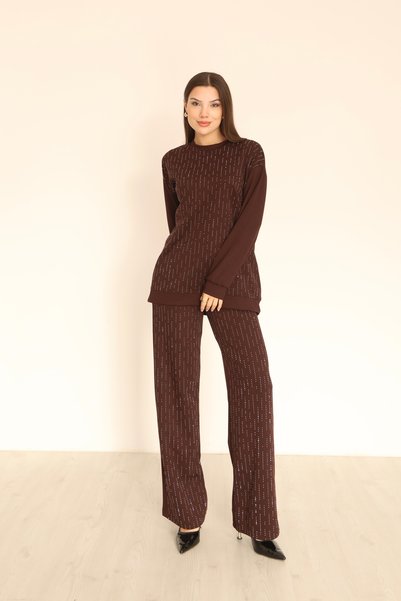HEDEF DAİSY Women's Top and Bottom Set Tracksuit Brown Color Stone Oversized Modal Fabric Comfortable Model