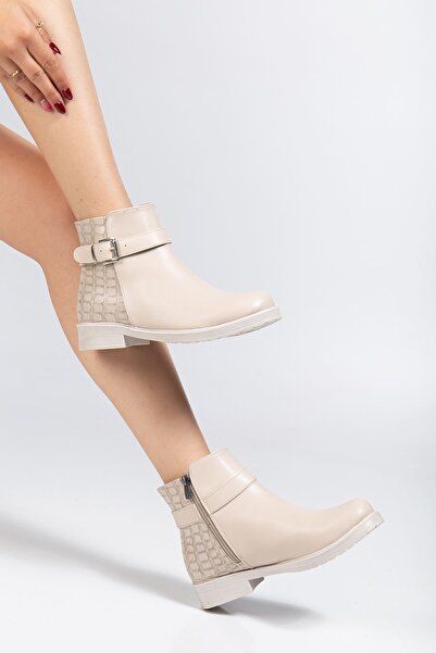 Budi 165-204/1 Beige Crocodile Buckle Accessory Zippered Daily Women's Boots