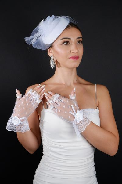 Hayalperest boncuk طقم قفازات زفاف من التول المزين باللؤلؤ مع إكسسوار قبعة ال...