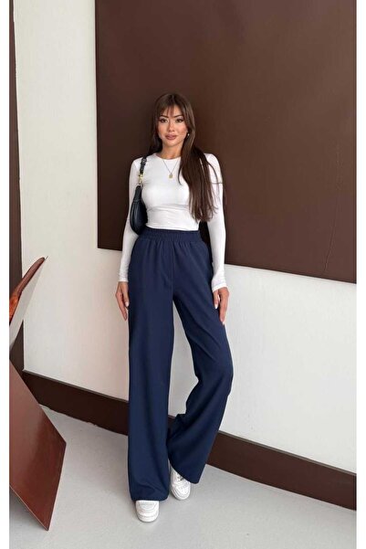 mor butik Morbutik Women's Dark Blue Height-Extending, Body-Defining, High-Waist, Wide-Leg, Timeless Stylish Pants