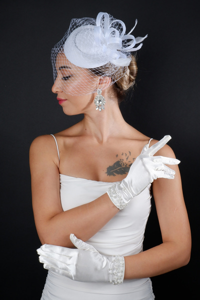 Hayalperest boncuk Pearl Wrist Length Short Satin Gloves Bridal Wedding Cap Accessory Set