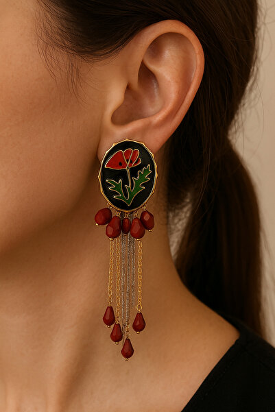 Lanuna Brand Model Black Red Flower Patterned Earrings