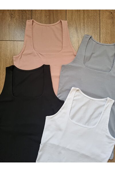 Demirsa Boutique Square Neck 4-Pack Powder, Blue, Black and White Color Cotton Women's Tank Top