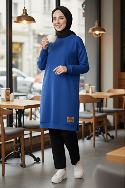 TOFİSA فستان فورتكس بتفاصيل فتحة مطرزة أزرق بلون الكوبالت - 27952- أزرق بلون الكوبالت