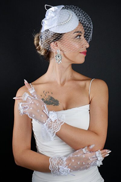 Limelia İnci Fileli Gelin Nikah Kep Aksesuarı ve Kalpli Tül Düğün Eldiven Seti