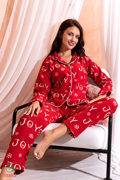 lacelove Winter New Year Patterned Women's Shirt Fleece Pajama Set - New Year's Pajamas with Deer - Gen