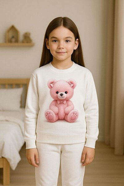 playwear Παιδικό βαμβακερό σετ φούτερ με στάμπα ΡΟΖ ΑΡΚΟΥΔΑΚΙ, για ΗΛΙΚΙΕΣ 3-...