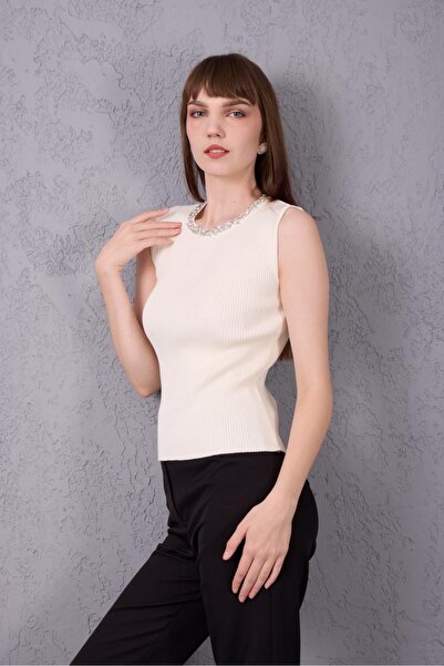 Su Moda Women's Knitwear Sweater Blouse Stone Embroidered Sleeveless New Year Office Chic