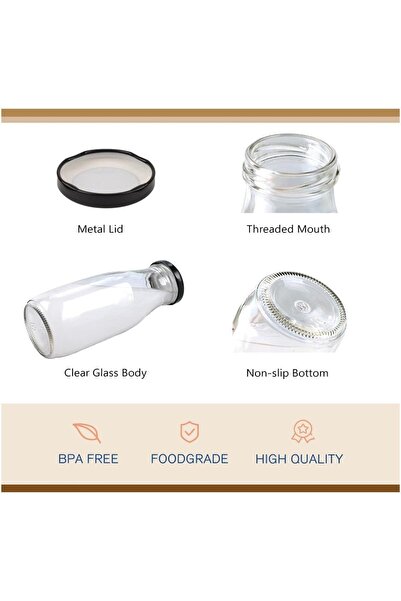 FUFU 12pcs 7oz Glass Juice Bottles with Lids - Reusable Clear Milk Bottles