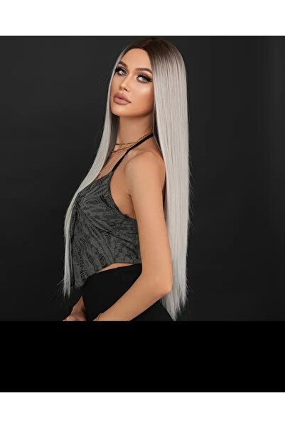 animis beauty Peruca Gri Ombre, fibra sintetica Premium cu aspect , par lung drept, fara breton, 80 cm