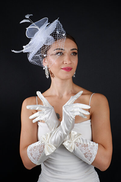 Hayalperest boncuk Feather Bridal Wedding Cap Accessory and Bow Lace Long Wedding Gloves Set
