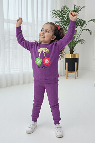 TOFİSA Girl's Purple Embroidered Two-Thread Double Suit - 27973-Mor