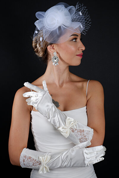 Limelia Accesoriu pentru mireasa din tul pentru nunta si set de manusi de nunta cu fundita lunga din satin din dantela