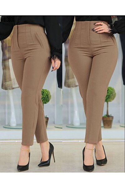 Valeria Butik Women's Atlas Fabric High Waist Stretch Fabric Double Pocket Pipe Leg Trousers