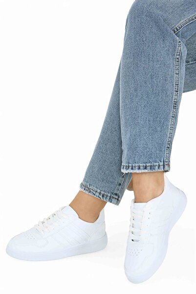 TOFİSA Women's White Striped Faux Leather Sneakers - 27888-White