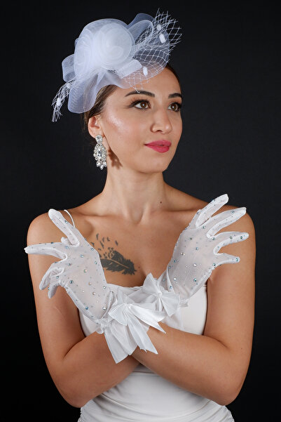 Limelia طقم قفازات زفاف مع إكسسوار قبعة العروس المزينة باللؤلؤ وعقدة مرصعة با...