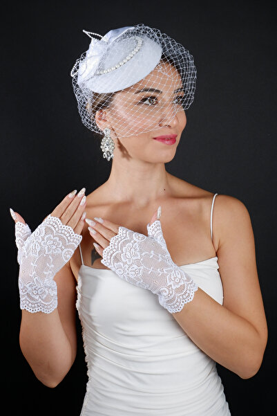 Hayalperest boncuk İnci Detaylı Gelin Nikah Kep Aksesuarı ve Parmaksız Dantel Düğün Eldiven Seti