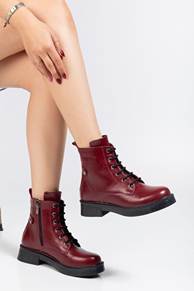 Budi 02-2003 Burgundy Wrinkled Patent Leather Lace-Up Zippered Casual Women's Boots