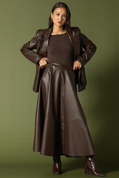 Olcay Segmented Flared Leather Skirt Brown 7065