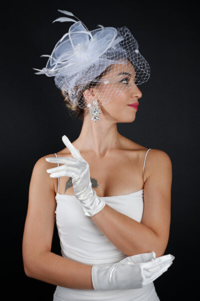 Limelia إكسسوار قبعة الزفاف المزينة بالريش ومجموعة قفازات الزفاف القصيرة من ا...