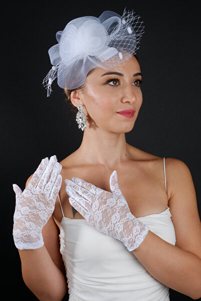 Hayalperest boncuk French Model Tulle Bridal Hat and Lace Bridal Wedding Gloves Set