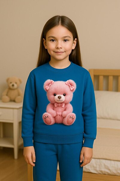 playwear Παιδικό βαμβακερό σετ φούτερ με στάμπα ΡΟΖ ΑΡΚΟΥΔΑΚΙ, για ΗΛΙΚΙΕΣ 3-...