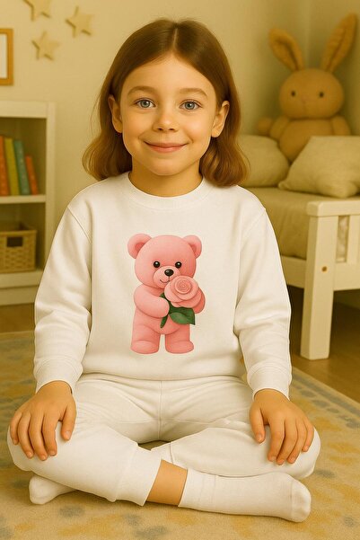 playwear Παιδικό Βαμβακερό Σετ Φούτερ με στάμπα ΡΟΖ ΑΡΚΟΥΔΑΚΙ, για ΗΛΙΚΙΕΣ 3-...