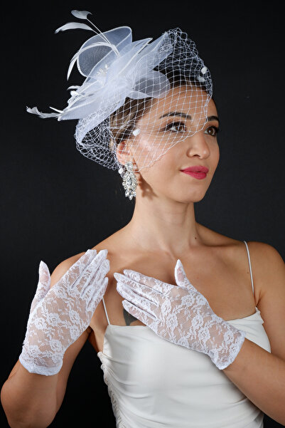 Limelia Zarif Tüylü Tüllü Nikah Kep Şapka ve Dantel İşlemeli Beyaz Gelin Eldiveni Düğün Aksesuarı