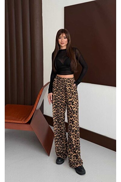 mor butik Women's Leopard Print Extended Length Body-Defining High Waist Wide-Leg Stylish Draped Pants