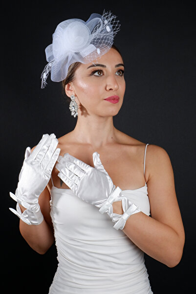 Hayalperest boncuk Pearl Bridal Wedding Cap Accessory and Satin Wedding Gloves Set with Double Ribbon