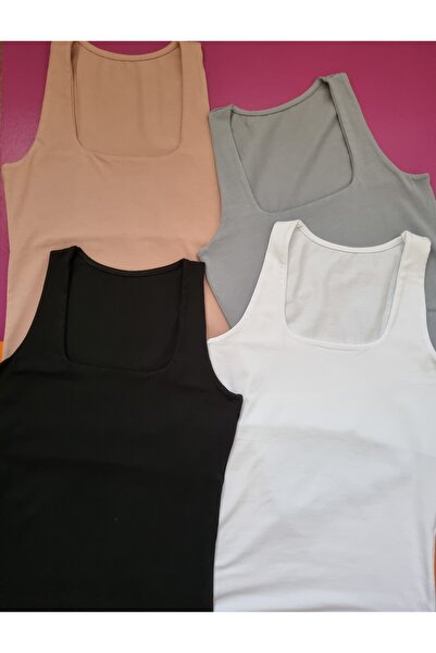 Demirsa Boutique Square Neck 4-Pack Powder, Blue, Black and White Color Cotton Women's Tank Top