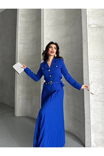 Bella Breeze Kadın Kemerli Gold Düğmeli Premium Ceket Pileli Uzun Etek Takım Elbise