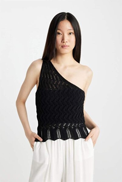 DeFacto Fitted One-Shoulder Crochet Black Tank Top (24 Sm)