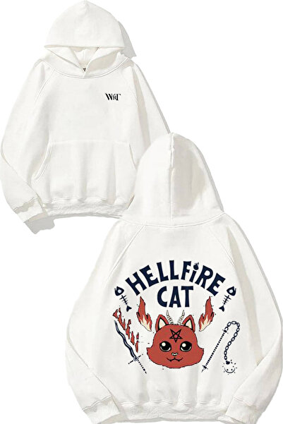 THEWERT Hellfire Cat Design Бяла суитшърт с качулка и печат на гърба