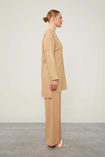 Levidor K.Beige Stone Embroidered Wide Trousers Tunic Suit