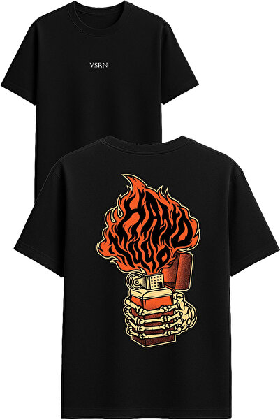 VSRN تي شيرت بتصميم ولاعة السجائر مطبوع أسود قصة فضفاضة
